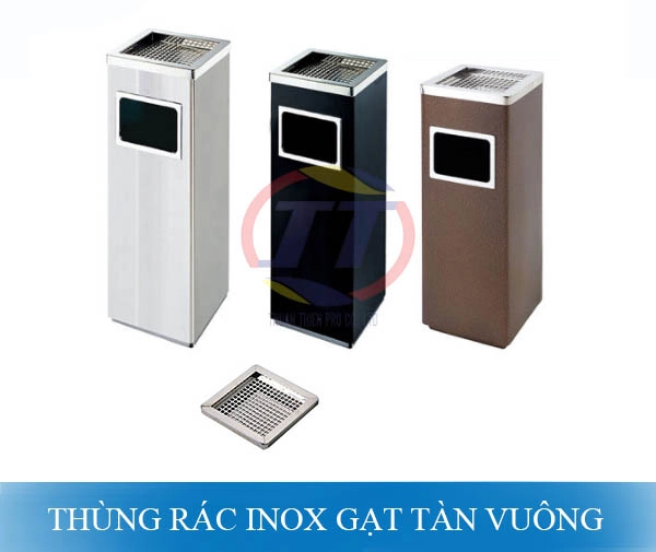 Thùng rac inox gạt tàn vuông có cấu tạo gồm phần thùng rác hình hộp chữ nhật và gạt tàn thuốc inox 304